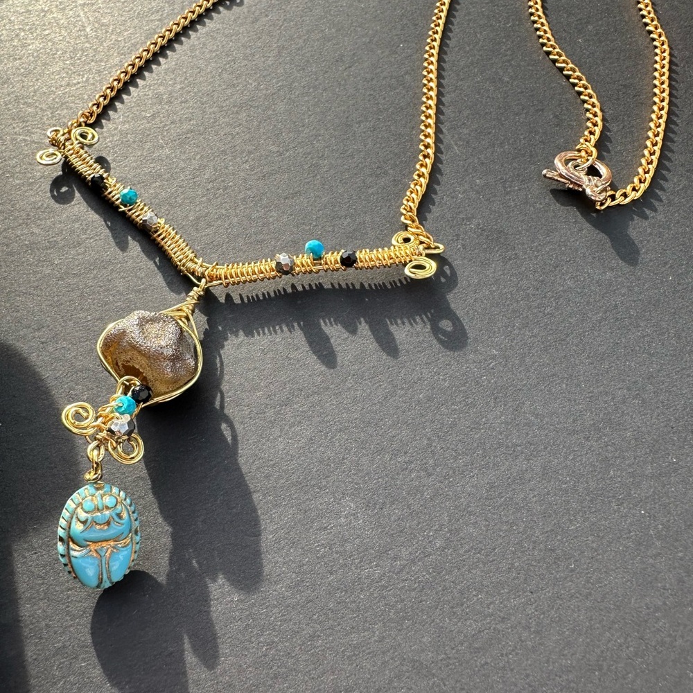 Artisan Gold and Turquoise Scarab Beaded Necklace Ancient Egyptian Art Deco